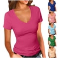 thumbnail image 1 of XUNKUSGA Women's Tops Classic Short Sleeve Deep V Neck Tops for Women Trendy Stretch Slim Fit Ladies Tops and Blouses Basic Soild Color Womens T Shirts Blue, 1 of 6