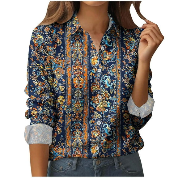 XUNKUSGA Women's Tops Long Sleeve Turn Down Collar Oversized Tshirts for Women Casual Non-Positioned Retro Print Button-Down Tunics Tops