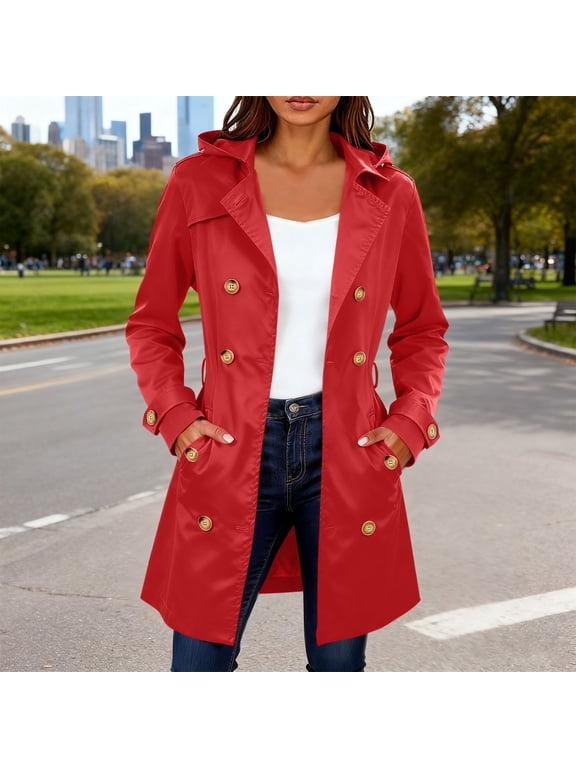 Women's Trench Coat Mid-Length Belted Overcoat Fashion Double-Breasted Classic Lapel Jackets for Women with Hood Solid Color Slim Fit Long Sleeve Fall Coats S-2XL Red