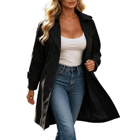 XUNKUSGA Women's Trench Coat Mid-Length Belted Overcoat Fashion Double-Breasted Classic Lapel Jackets for Women Solid Color Slim Fit Long Sleeve Fall Coats,Black,Size S