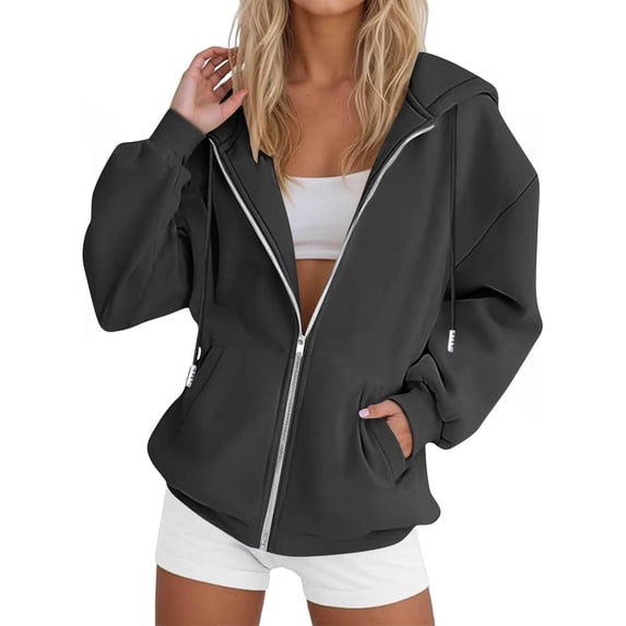 XUNKUSGA Women's Zip Up Hoodie Vintage Solid Color Women Jackets with Drawstring Casual Long Sleeve Clothes for Women Lightweight Fall Outfits for Women 2025 with Pocket S-2XL