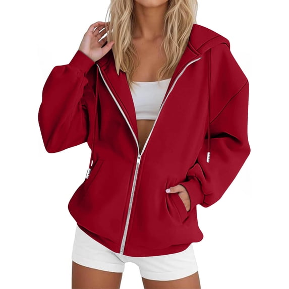 XUNKUSGA Women's Zip Up Hoodie Vintage Solid Color Women Jackets with Drawstring Casual Long Sleeve Clothes for Women Lightweight Fall Outfits for Women 2025 with Pocket S-2XL
