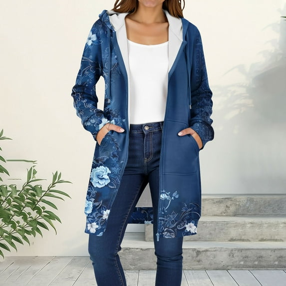 XUNKUSGA Women's Zip Up Hoodies Plus Size Fleece Long Tunic Sweatshirts Fashion Print Casual Long Sleeve Fall Jackets for Women 2025 with Pocket S-2XL Multicolor