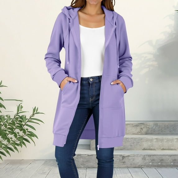 XUNKUSGA Women's Zip Up Hoodies Plus Size Fleece Long Tunic Sweatshirts Solid Color Casual Long Sleeve Fall Jackets for Women 2025 with Pocket S-2XL Purple