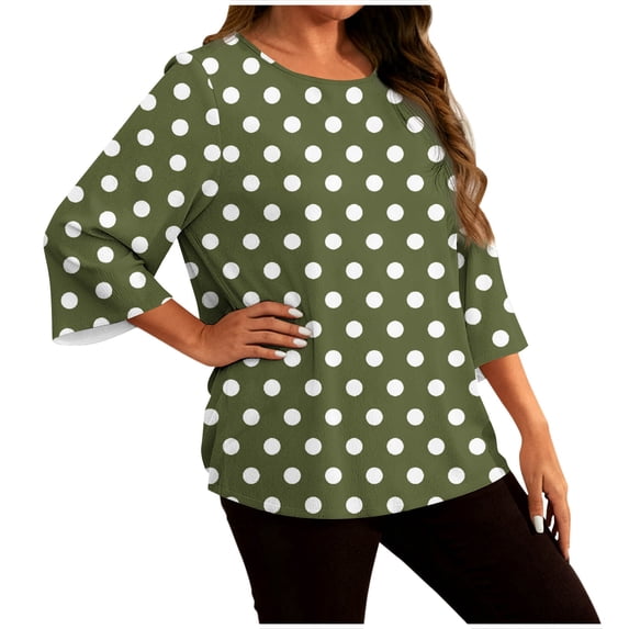 XUNKUSGA Womens 3/4 Sleeve Tops Fashion Polka DOT T-Shirts for Women Classic Crewneck Going Out Tops for Women Casual Loose Fit Plus Size Tops L-5XL Green