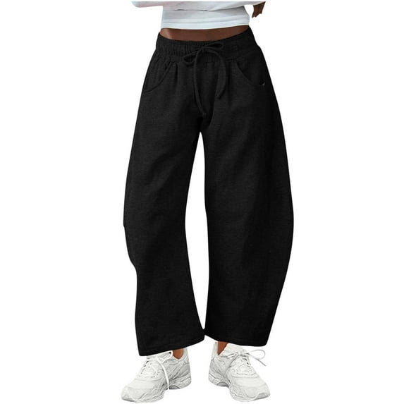 XUNKUSGA Womens Barrel Leg Sweatpants Solid Color Drawstring Elastic Waist Pants for Women Casual Cotton Wide Leg Pants Woman with Pockets S-2XL