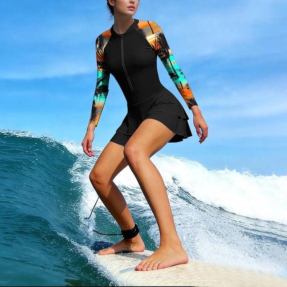 XUNKUSGA Womens Bathing Suits Fashion Floral Rash Guard Womens Swim Skirt Classic Long Sleeve Zipper Ruffle Bathing Suit Swimskirt with Boyshort,Green,M