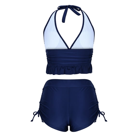 XUNKUSGA Womens Bathing Suits Fashion Halter Deep V Bikini Top with Removeable Padded and Drawstring Swim Shorts Two Piece Cute Ruffled Tummy Control High Waisted Swimsuits for Women S-2XL