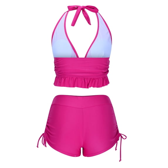 XUNKUSGA Womens Bathing Suits Fashion Halter Deep V Bikini Top with Removeable Padded and Drawstring Swim Shorts Two Piece Cute Ruffled Tummy Control High Waisted Swimsuits for Women S-2XL