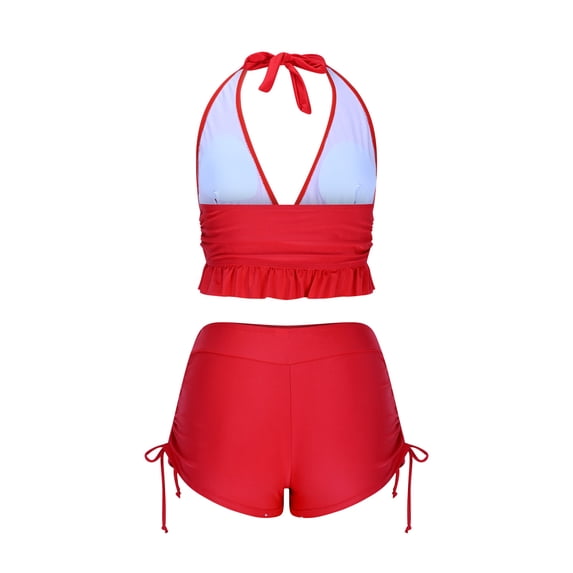 XUNKUSGA Womens Bathing Suits Fashion Halter Deep V Bikini Top with Removeable Padded and Drawstring Swim Shorts Two Piece Cute Ruffled Tummy Control High Waisted Swimsuits for Women S-2XL
