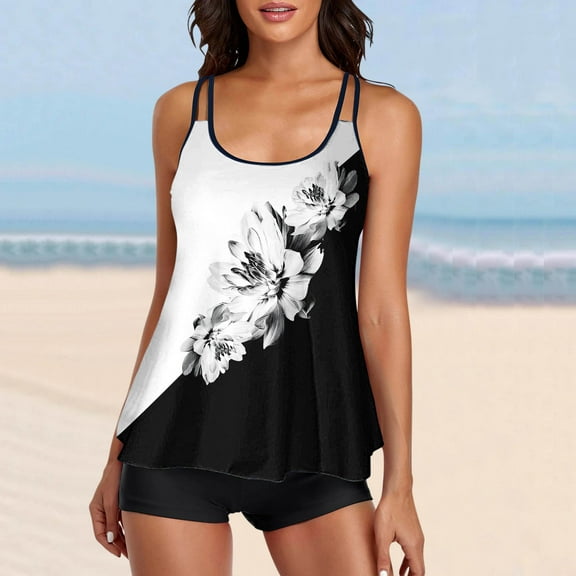 XUNKUSGA Womens Bathing Suits Tummy Control Casual Loose 2 Piece Flowy Swim Tops with Boy Shorts Fashion Retro Floral Swimsuits For Women for Swimming Beach Party S-2XL Black