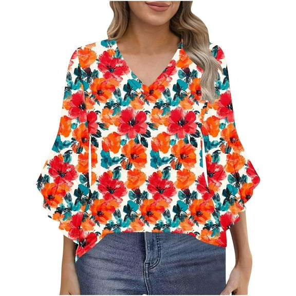 XUNKUSGA Womens Blouses Oversized 3/4 Length Sleeve Plus Size Tops Summer Floral Lace Ruffles Sleeve T Shirts V-Neck Dressy Casual Business Work Trendy Tunic Blouses S-2XL