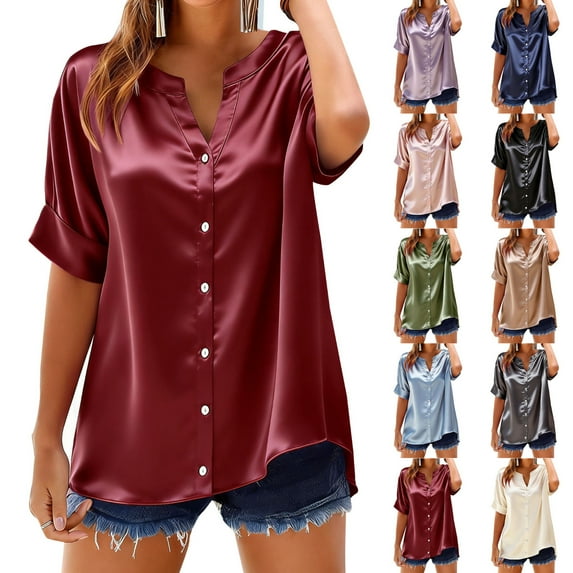 XUNKUSGA Womens Blouses Soild Color V Neck Button Down Silk Satin Tops for Women Lightweight Short Sleeve Work Blouses for Women Business Casual Shirts for Women S-2XL Purple