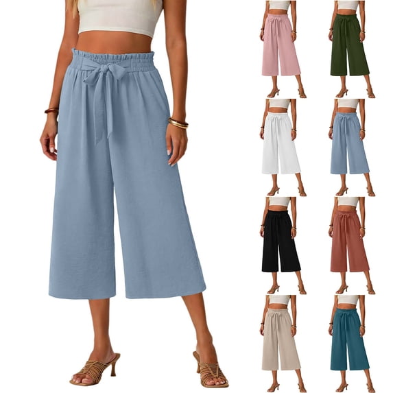XUNKUSGA Womens Capri Palazzo Pants Summer Fashion Loose Wide Leg Pants Woman Casual Elastic Waist Adjustable Front Knot Work Pants Women with Pockets,Brown,2XL