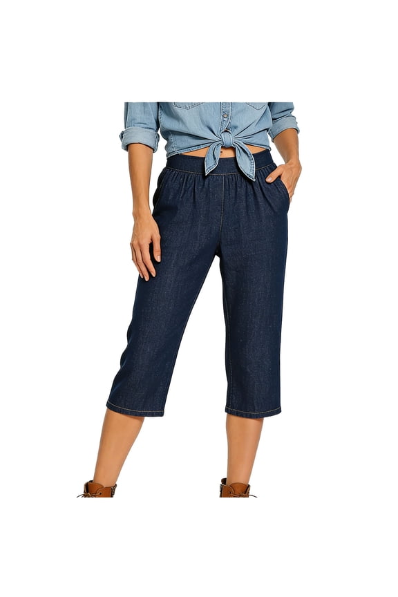 Womens Capri Pants Casual Comfortable Womens Jeans Classic Elastic Waist Pull On Baggy Jeans Soft Stretch Wide Leg Jeans Woman with Pockets S-3XL,Blue