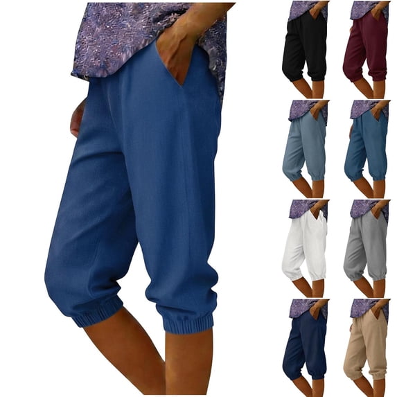 XUNKUSGA Womens Capri Pants Classic Denim-Like Elastic Waist Capri Pants for Women Casual Loose Drawstring Ankle Beach Shorts for Women with Pockets,Blue,M