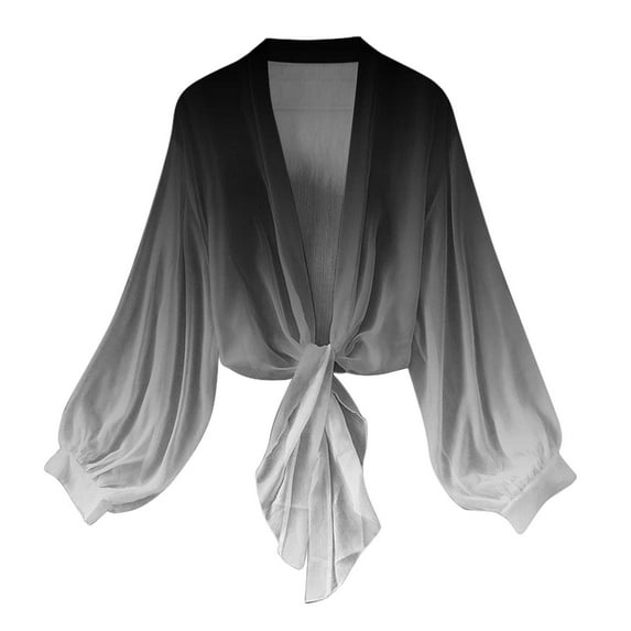 XUNKUSGA Womens Chiffon Lightweight Cardigan Cropped Shrug Cardigan Casual Tie Front Pullover Shrug Cardigan Tulle Twist Knot Loose Long Sleeve Shrug Tops