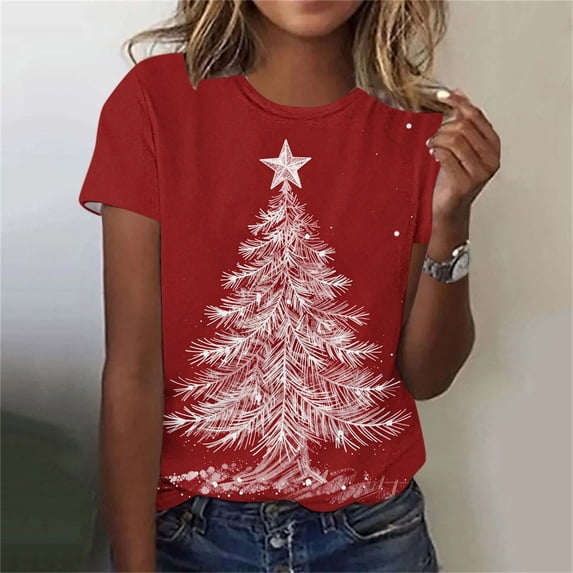 XUNKUSGA Womens Christmas Print T Shirts Casual Loose Crewneck Short Sleeve Tops for Women Trendy Christmas Graphic Plus Size Tops for Christmas Party Daily Wear M