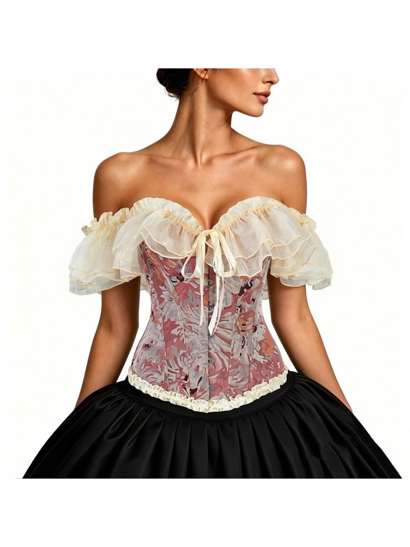 Womens Corset Top Vintage Court Floral Off Shoulder Ruffle Renaissance Bustier Top Classic Front Busk Closure Renaissance Corset Medieval Costumes Outfits,S