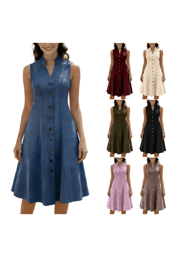Womens Dresses Casual Sleeveless V Neck Denim Dress Fashion Button Down A-Line Long Dresses Classic High-Waisted Summer Dresses for Women S-3XL,Blue