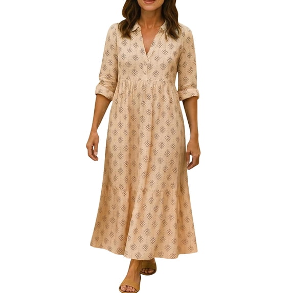 XUNKUSGA Womens Dresses Fashion Floral Long Sleeve A-Line Dresses for Women Summer Casual Loose Lapel Collared V Neck Long Sundresses for Women,Yellow,3XL
