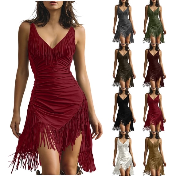 XUNKUSGA Womens Dresses Retro V Neck Spaghetti Strap Faux Suede Dress Fashion Sleeveless Fringe Dress Classic Solid Color Cowgirl Outfits for Women,Gray,XL