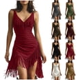 thumbnail image 1 of XUNKUSGA Womens Dresses Retro V Neck Spaghetti Strap Faux Suede Dress Fashion Sleeveless Fringe Dress Classic Solid Color Cowgirl Outfits for Women,Red,XL, 1 of 8