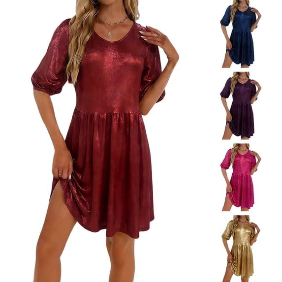 XUNKUSGA Womens Dresses Shiny Metallic Cocktail Dresses for Women Fashion Disco Dance 80S Prom Dresses Classic Crewneck Puff Short Sleeve Summer Dress,Black,L