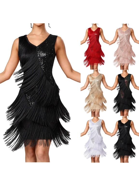 Womens Dresses Vintage Tassel 1920s Flapper Fringe Mini Dress Sleeveless V Neck Sequin Dance Dress for Women Retro Gatsby Cocktail Dresses L