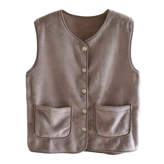 XUNKUSGA Womens Fall Fashion 2025 V Neck Sleeveless Button Down Flannel Womens Vest Solid Color Warm Fuzzy Jacket Plus Size Soft Comfortable Womens Loungewear with Pockets Brown
