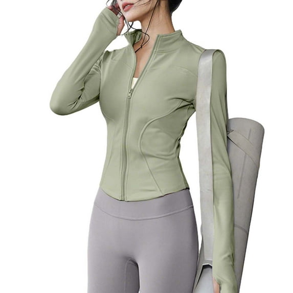 XUNKUSGA Womens High Elastic Sports Jacket Standing Collar Slim Yoga Top Womens Long Sleeved Standing Collar Top Shirt Green