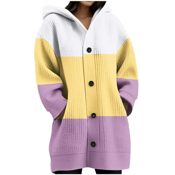 XUNKUSGA Womens Hooded Cardigan Fashion Color Block Long Women's Jackets Knitted Long Sleeved Button Up Cardigans for Women Trendy Loose Casual Hooded Sweatshirts with Pocket Yellow