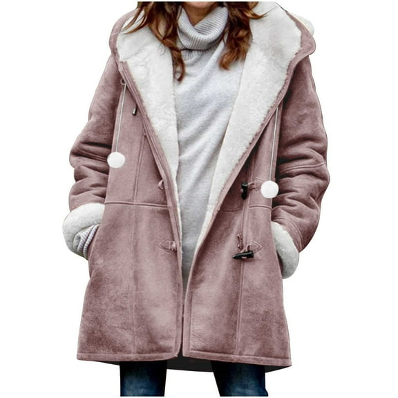 XUNKUSGA Womens Jacket Plus Size Sherpa Lined 2025 Fashion Winter Fuzzy Long Fleece Hoodies for Women Casual Cozy Horn Button Jackets for Women with Pockets S-5XL Pink