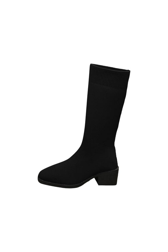 Womens Knit Sock Boots Stretch Breathable Comfortable Pull On Mid-Calf Boots Fashion Square Toe Low Block Heel Tall Boots for Fall Winter Daily Wear,6