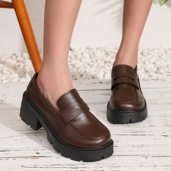 XUNKUSGA Womens Loafers Solid Color Wide Widths Round Toe Womens Shoes Casual Slip On Leather Loafers for Women Comfort Chunky Shoes for Work Dressy Occasions 5.5-9.5 Brown
