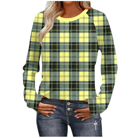 XUNKUSGA Womens Long Sleeve Shirts Fashion Casual Raglan Sleeve Plaid Women's Tops Trendy Lightweight Loose Tunic Outfits Clothes Classic Crewneck Basic Tees S-35XL Yellow