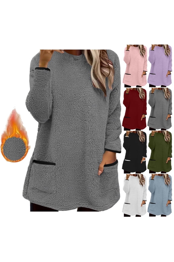 Womens Loungewear Solid Color Warm Sherpa Lined Fleece Womens Tunic Tops Casual Loose Crewneck Long Sleeve Fall Sweatshirts for Women with Two Pockets S-2XL Blue
