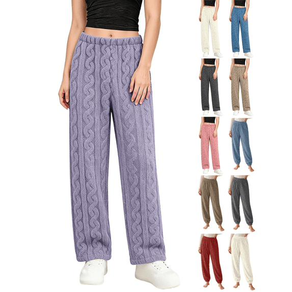XUNKUSGA Womens Pajama Pants Fuzzy Fleece Cozy Wide Leg Pants for Women Loose Casual Elastic High Waist Women's Sleepwear Thermal Winter Fall Pj Bottoms Free Size