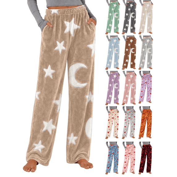 XUNKUSGA Womens Pajama Pants Soft Flannel Plush Fuzzy Wide Leg Pj Bottoms Fashion Print Soft Women's Sleepwear Comfy Warm Pajama Trousers with Pockets 2XL