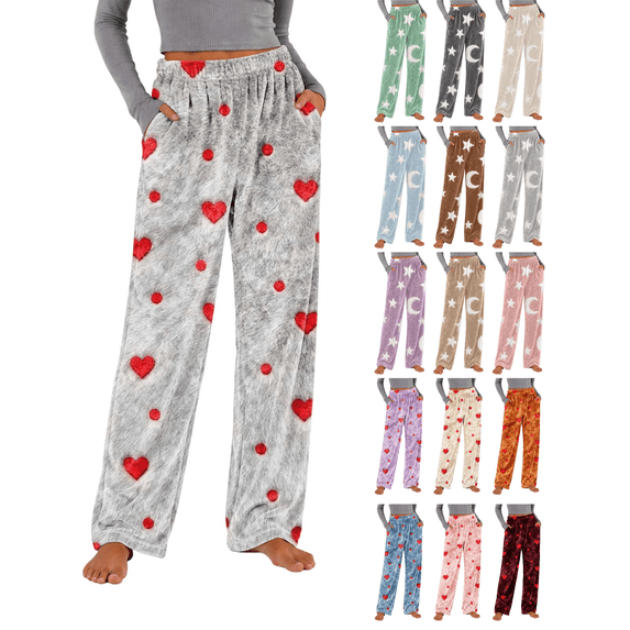 XUNKUSGA Womens Pajama Pants Soft Flannel Plush Fuzzy Wide Leg Pj Bottoms Fashion Print Soft Women's Sleepwear Comfy Warm Pajama Trousers with Pockets M