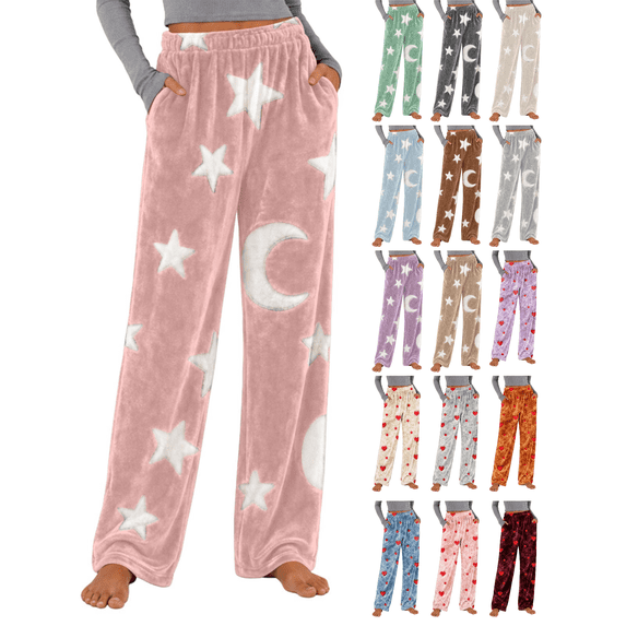 XUNKUSGA Womens Pajama Pants Soft Flannel Plush Fuzzy Wide Leg Pj Bottoms Fashion Print Soft Women's Sleepwear Comfy Warm Pajama Trousers with Pockets S