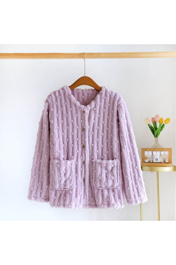 Womens Pajama Tops Fashion Plaid Pajama Tops for Women Soft Flannel Button Down Long Sleeve Housecoats for Women Winter Thickened Warm Lounge Jackets with Pockets M-XL Purple
