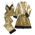 thumbnail image 1 of XUNKUSGA Womens Pajamas Set Fashion Lace Trim Women's Sleepwear Soft Silk Satin Loungewear Sets Woman Casual V-neck Vest Robe Pants 3 Piece with Belted S-3XL Brown, 1 of 4