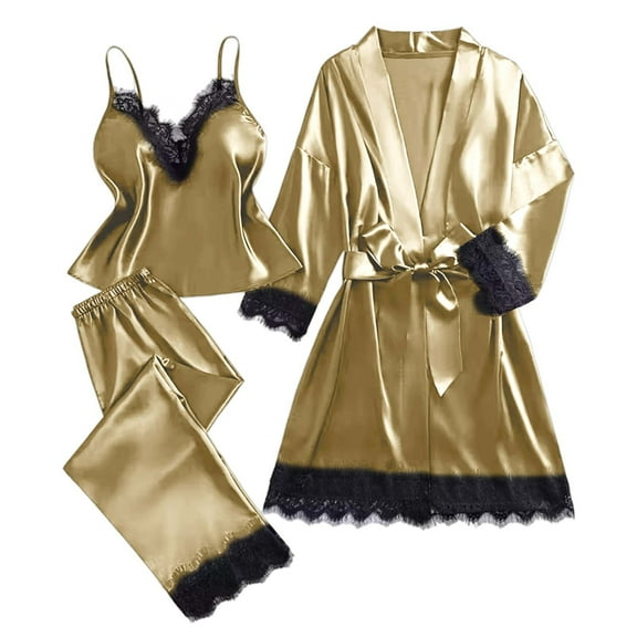 XUNKUSGA Womens Pajamas Set Fashion Lace Trim Women's Sleepwear Soft Silk Satin Loungewear Sets Woman Casual V-neck Vest Robe Pants 3 Piece with Belted Everyday Wear S-3XL Brown