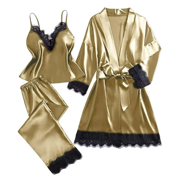XUNKUSGA Womens Pajamas Set Fashion Lace Trim Women's Sleepwear Soft Silk Satin Loungewear Sets Woman Casual V-neck Vest Robe Pants 3 Piece with Belted S-3XL Brown