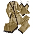 thumbnail image 1 of XUNKUSGA Womens Pajamas Set Fashion Lace Trim Women's Sleepwear Soft Silk Satin Loungewear Sets Woman Casual V-neck Vest Robe Pants Shorts 4 Piece with Belted Everyday Wear S-24XL Brown, 1 of 6