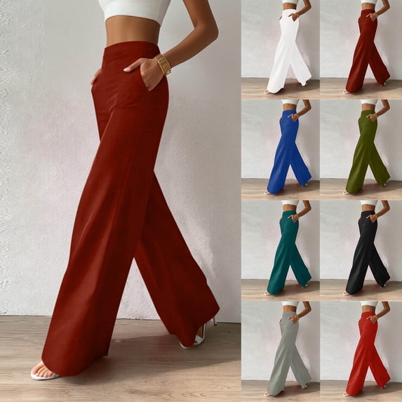 Pants Fashion Solid Elastic Waist Work Pants Casual Wide Leg Pants Woman with Pockets Classic Stretch Dress Pants Trousers S-2XL,Red