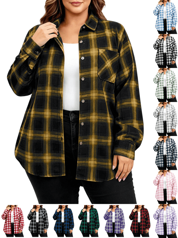 Womens Plus Size Flannel Shirts Fashion Plaid Long Sleeve Button Down Collared Jackets for Women Lightweight Casual Loose Shacket Women Fall Fashion Women Yellow 2XL