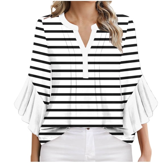 XUNKUSGA Womens Plus Size Tops V Neck Dressy Casual Blouses 3/4 Length Sleeve Summer Tops Stripe/Plain Work Tunic Trendy Business Office Ruffle Shirts S-2XL
