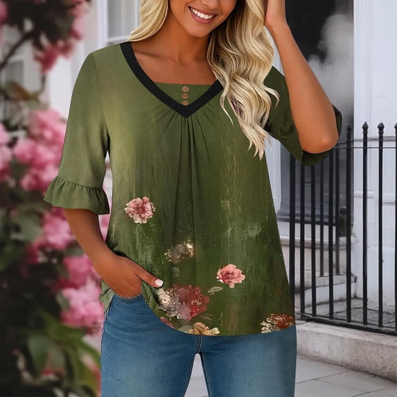 XUNKUSGA Womens Plus Size Tunic Tops Fashion Floral 3/4 Ruffle Sleeve Ladies Tops and Blouses Stretchy Skin-Friendly V Neck Button Pleated Womens T Shirts XL-5XL Green